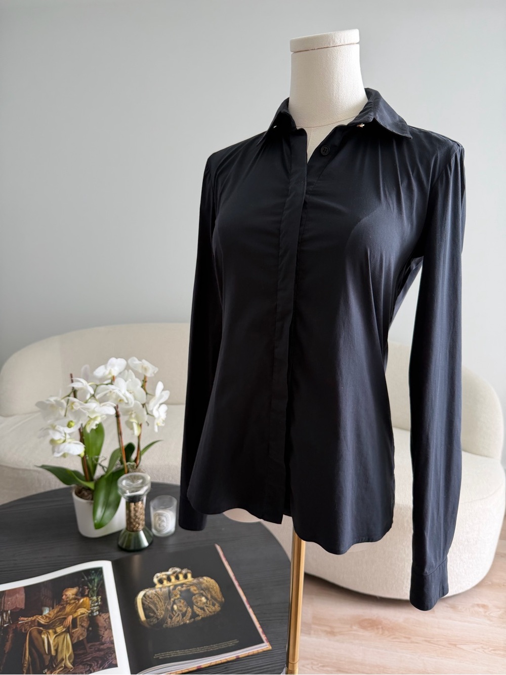 Versace Black Stretch Button Front Blouse Long Sleeve IT 38 Made in Italy - Picture 9 of 15